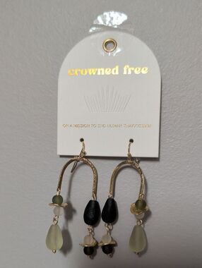 Crowned Free Gold-Tone Green & Black Drop Earrings